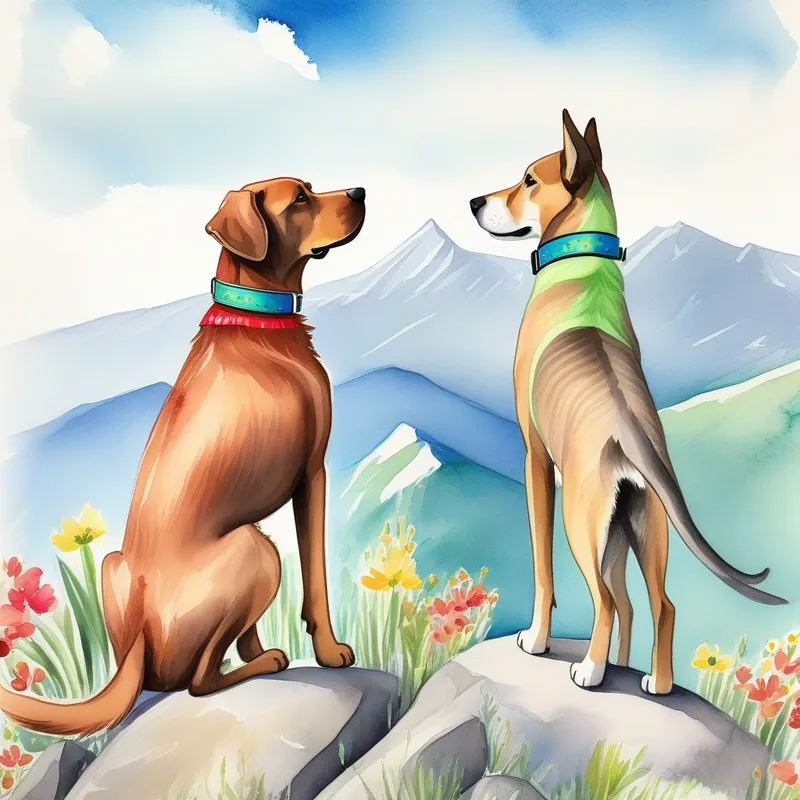 Friendly brown dog with a wagging tail, wearing a red collar and Curious gray cat with bright green eyes, wearing a blue collar are standing at the mountain top. The view is breathtaking with colorful flowers and a clear blue sky.