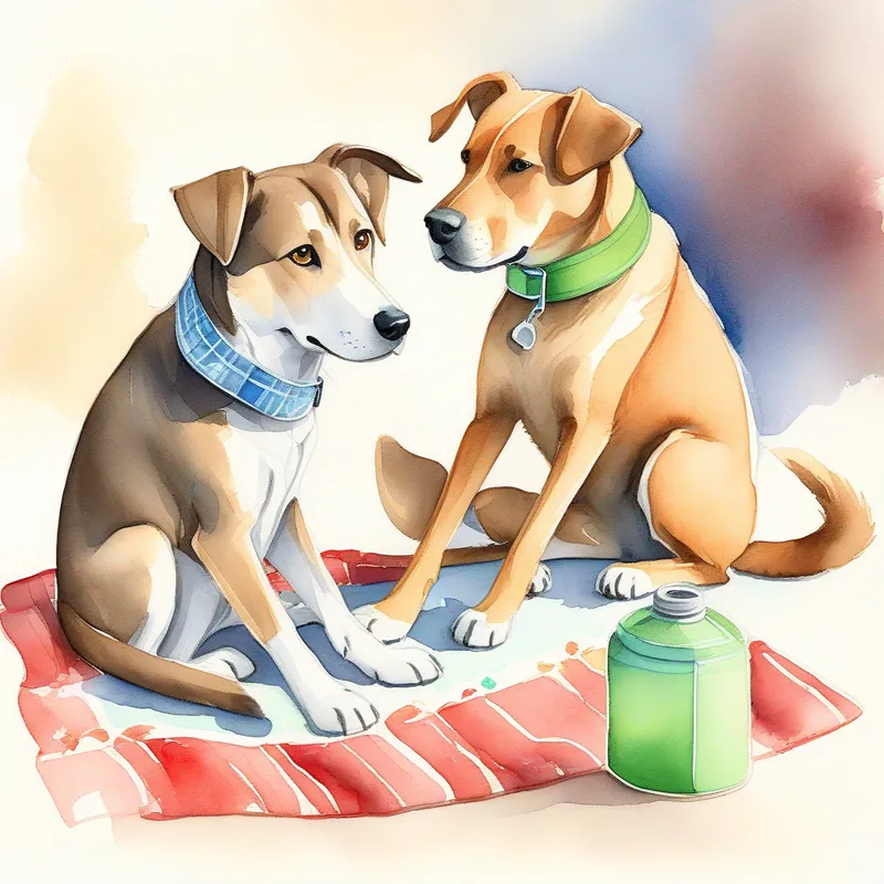 Friendly brown dog with a wagging tail, wearing a red collar and Curious gray cat with bright green eyes, wearing a blue collar are sitting on a blanket, eating sandwiches and sharing a water bottle.