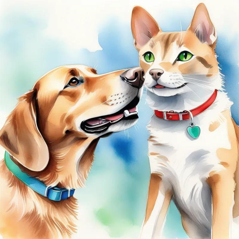 Friendly brown dog with a wagging tail, wearing a red collar and Curious gray cat with bright green eyes, wearing a blue collar are laughing and talking. They are happy and having fun.