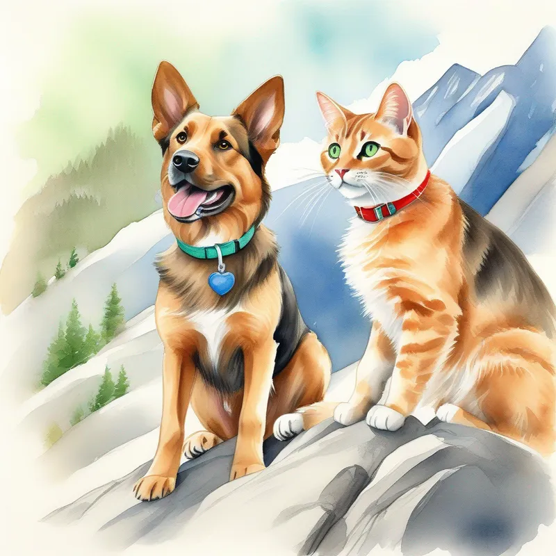 Friendly brown dog with a wagging tail, wearing a red collar and Curious gray cat with bright green eyes, wearing a blue collar are holding paws and slowly climbing down the mountain. They are smiling.