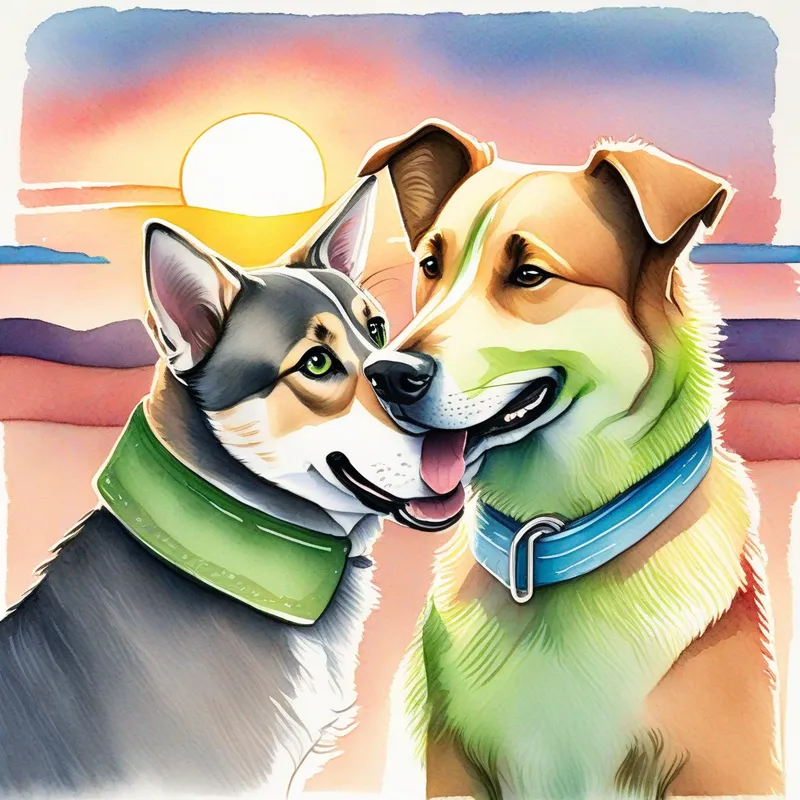Friendly brown dog with a wagging tail, wearing a red collar and Curious gray cat with bright green eyes, wearing a blue collar are hugging each other and smiling. The sun is setting behind them.