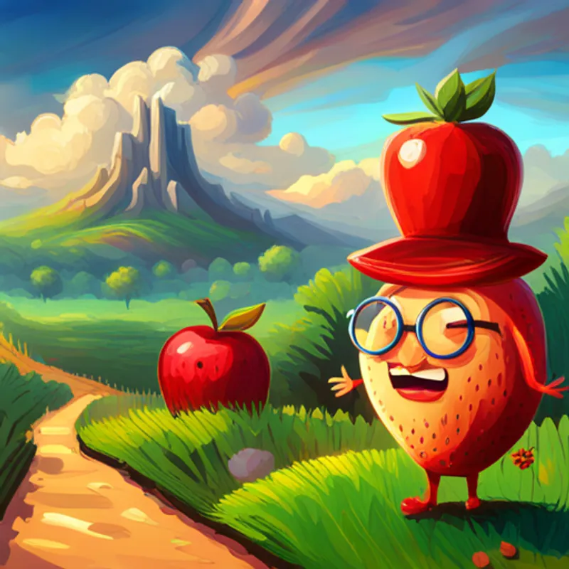Brave strawberry with a red hat and a big smile. and Clever apple with round glasses and a friendly face. looking excited, walking towards the orchard
