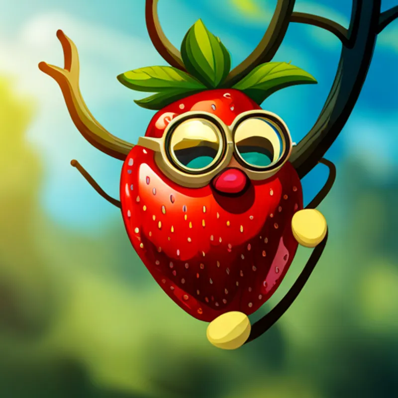 Brave strawberry with a red hat and a big smile. climbing a tree, Clever apple with round glasses and a friendly face. swinging on a branch