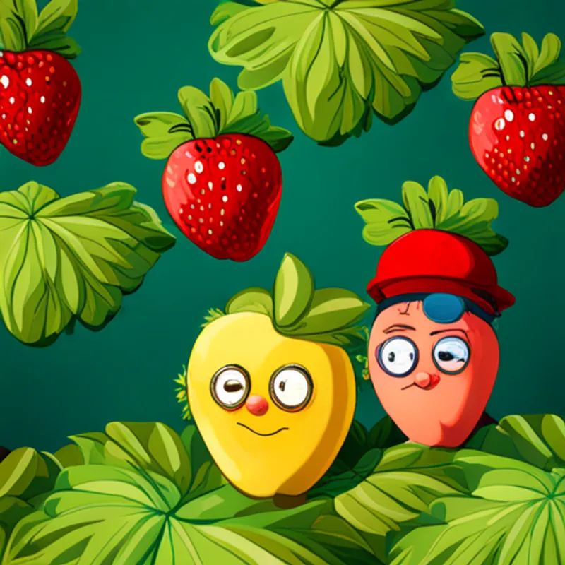 Brave strawberry with a red hat and a big smile. and Clever apple with round glasses and a friendly face. with a surprised look, peering into the bushes