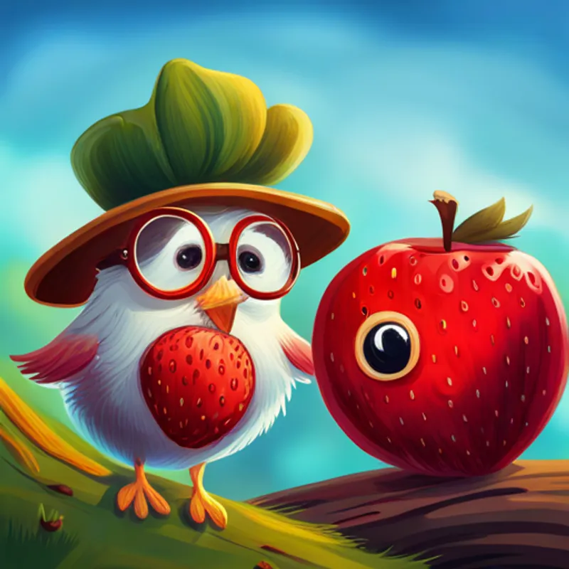 Brave strawberry with a red hat and a big smile. comforting the baby bird, Clever apple with round glasses and a friendly face. looking for the parents