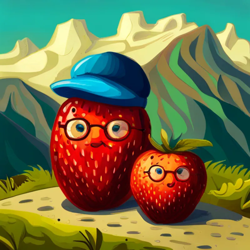Brave strawberry with a red hat and a big smile. and Clever apple with round glasses and a friendly face. smiling, holding their shiny feathers