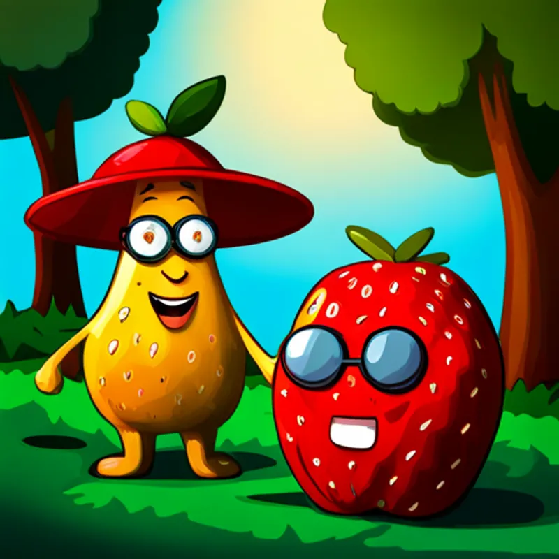 Brave strawberry with a red hat and a big smile. and Clever apple with round glasses and a friendly face. sitting together, smiling, under a tree