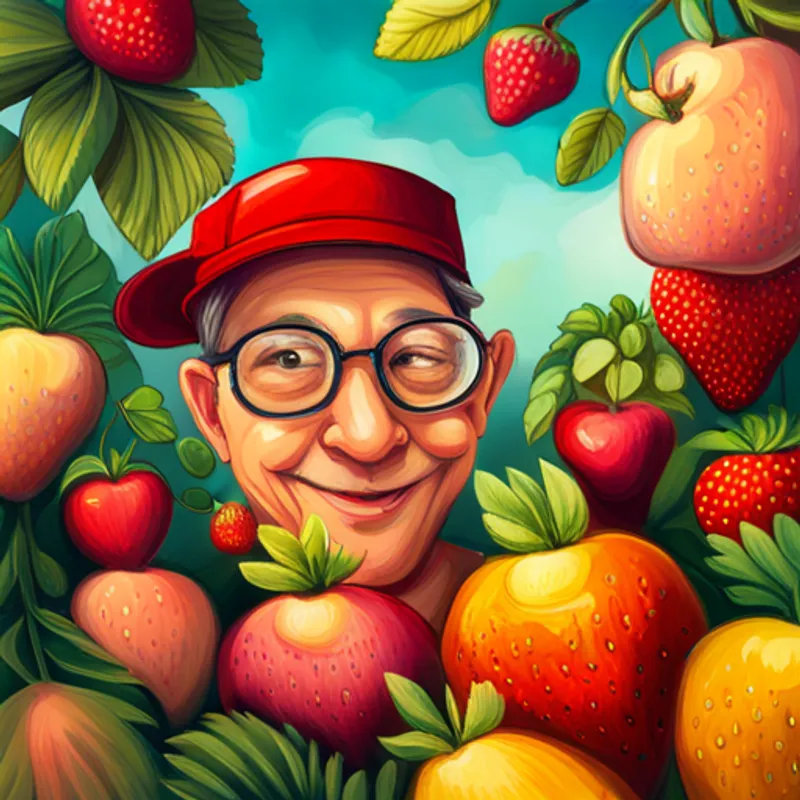 Brave strawberry with a red hat and a big smile. and Clever apple with round glasses and a friendly face. surrounded by fruits and flowers, happy and together