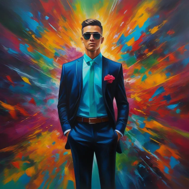 Formal attire, serious and trustworthy, Josh's best friend confronting Vibrant colors, rebellious energy, now transformed and responsible, formal attire, serious and trustworthy