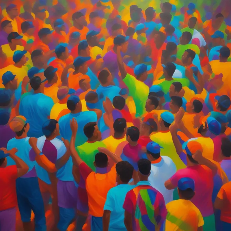 Vibrant colors, rebellious energy, now transformed and responsible listening to teammates, teammates showing support, vibrant and uplifting colors