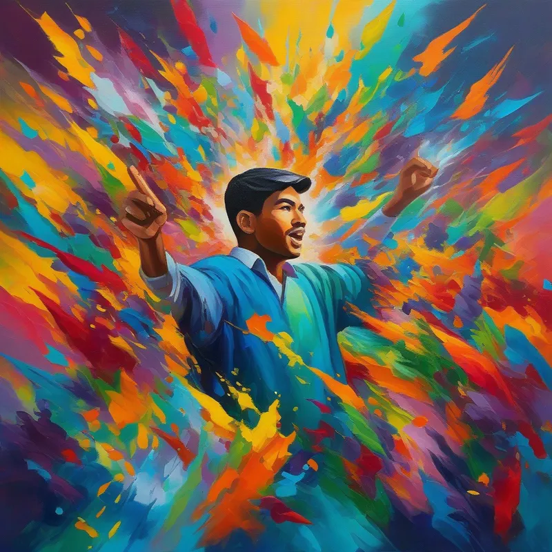 Vibrant colors, rebellious energy, now transformed and responsible studying, teachers praising him, academic surroundings with vibrant and scholarly colors