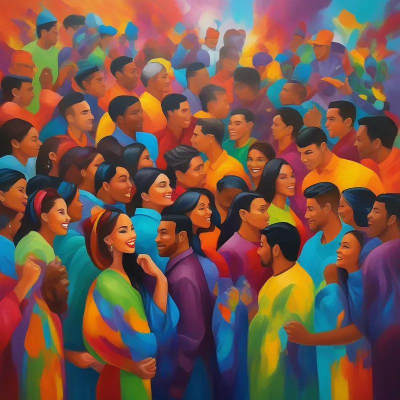 Vibrant colors, rebellious energy, now transformed and responsible leading by example, diverse group of friends, vibrant colors symbolizing positivity and unity