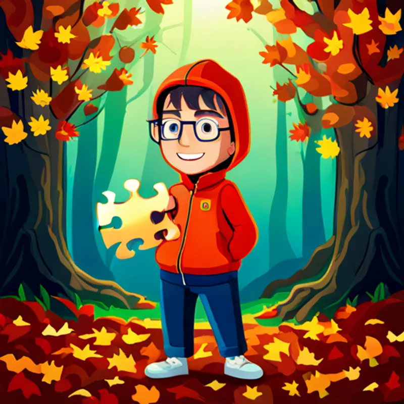 Curious explorer with glasses, a red hoodie, and a friendly smile holding a puzzle piece, surrounded by autumn leaves
