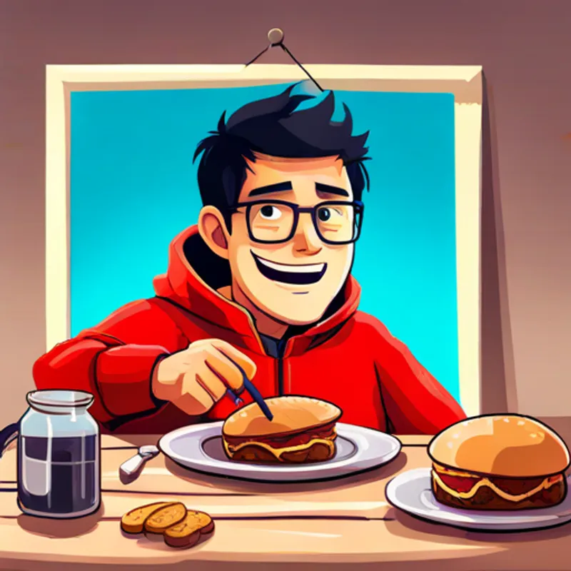 Curious explorer with glasses, a red hoodie, and a friendly smile playing video games and enjoying a plate of smoked beef brisket