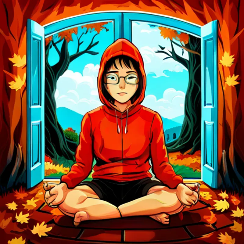 Curious explorer with glasses, a red hoodie, and a friendly smile meditating under a tree with autumn leaves and a screen door