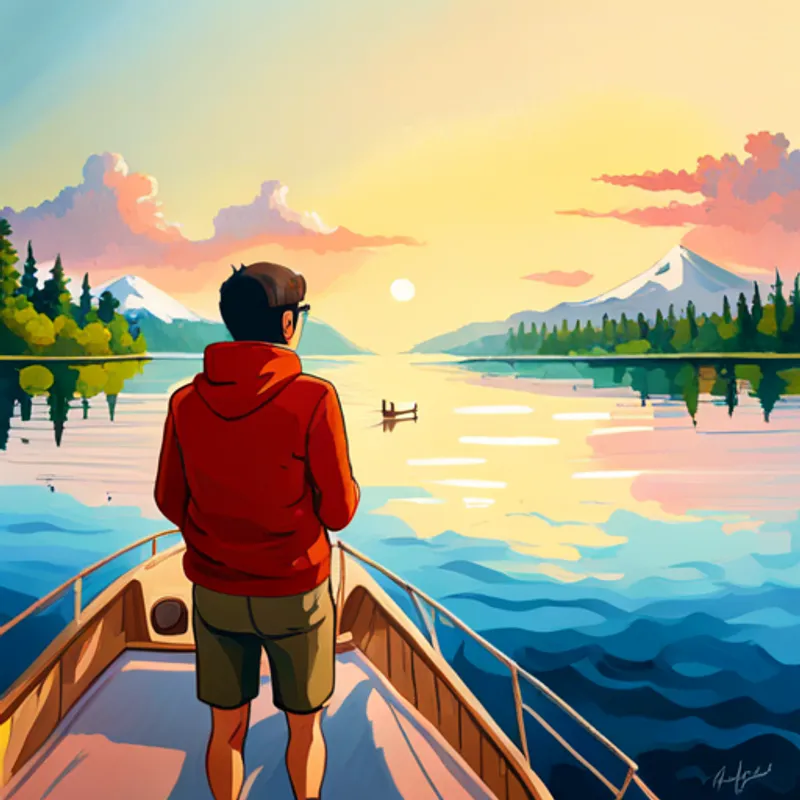 Curious explorer with glasses, a red hoodie, and a friendly smile sailing on Sacandaga Lake and exploring beautiful landscapes
