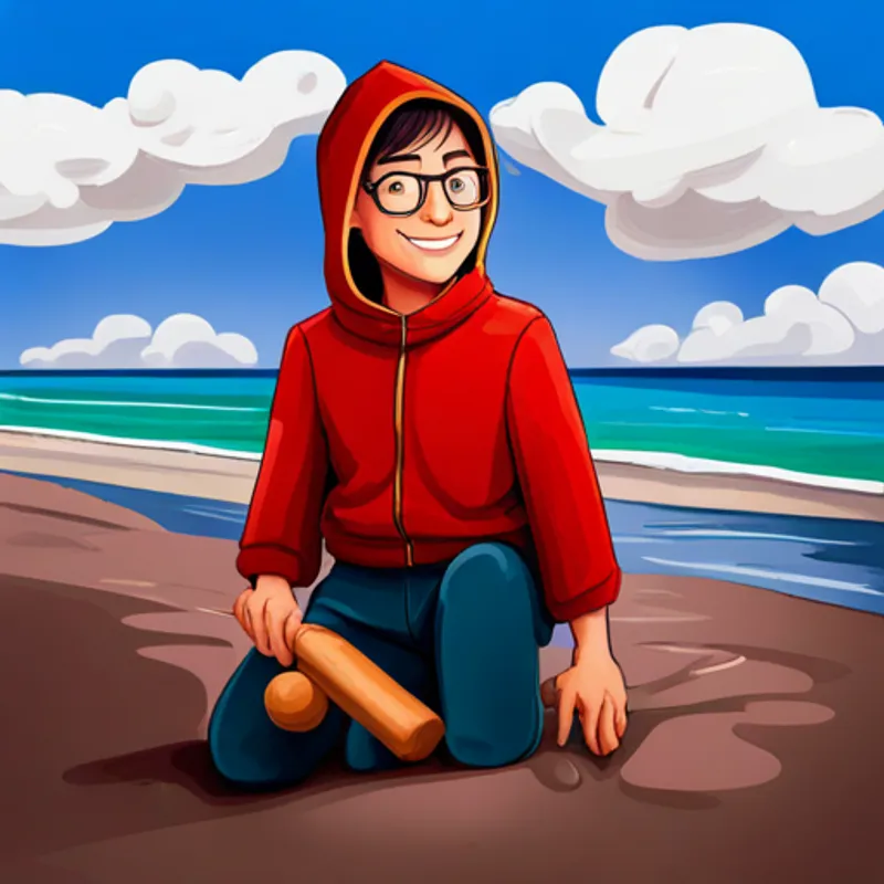 Curious explorer with glasses, a red hoodie, and a friendly smile building sandcastles on the beach with a smile