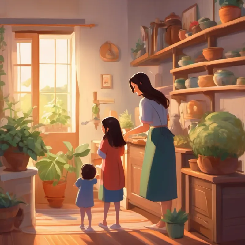Mom Caring mom, long hair, gentle eyes, always smiling prepares for a big move, inside their house.