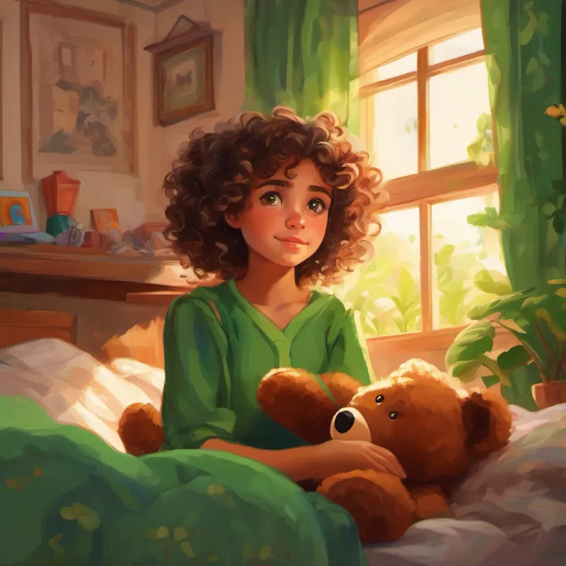 Young hopeful, curly hair, bright green eyes, full of dreams, thinking of her new life, sees her teddy, in her old room.