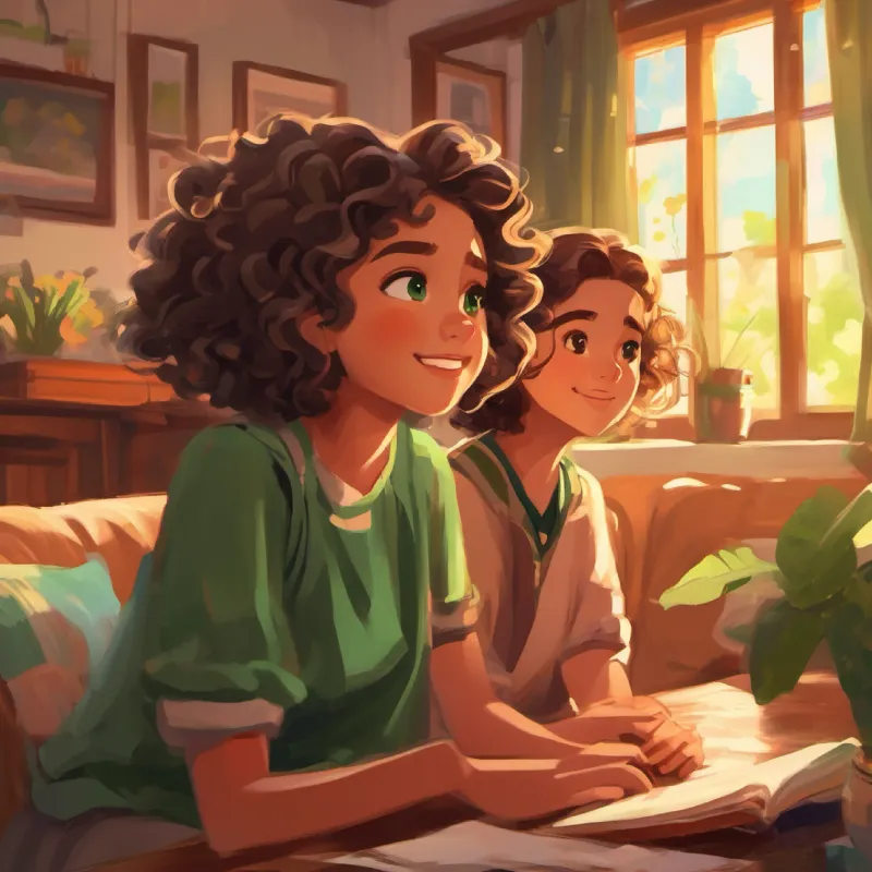 Older sister Supportive sister, wavy hair, warm brown eyes, college student encourages Young hopeful, curly hair, bright green eyes, full of dreams, in the living room.