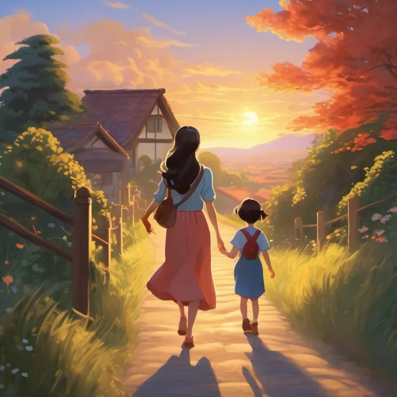 Caring mom, long hair, gentle eyes, always smiling drives the family, starting their journey at dawn.