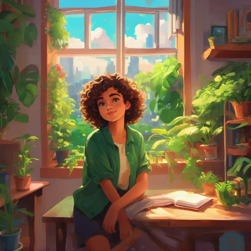Exploring the new apartment, Young hopeful, curly hair, bright green eyes, full of dreams envisions her future.