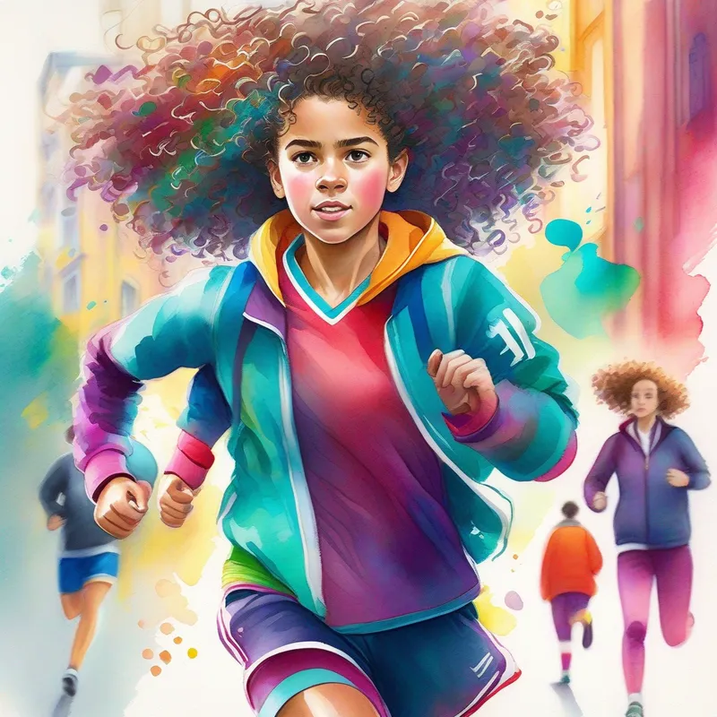 Curly-haired girl in colorful clothes, always wearing a determined expression in a bustling town, vibrant colors, running with a soccer ball