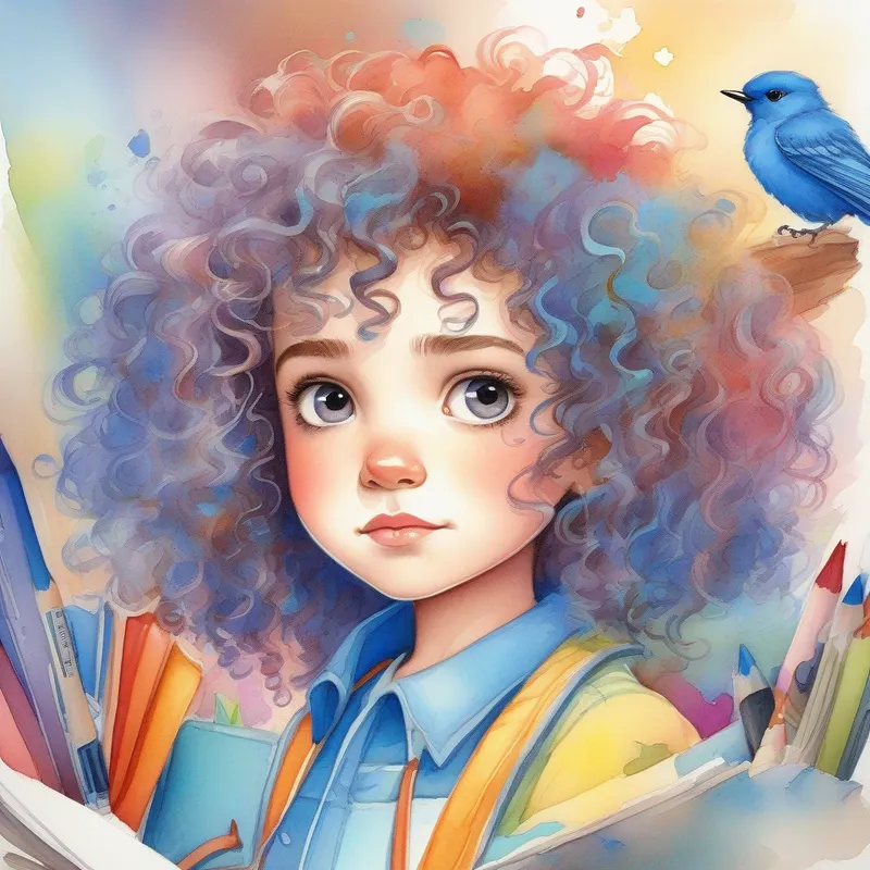 Curly-haired girl in colorful clothes, always wearing a determined expression at her messy desk, bluebird Bluebird with a mischievous glint in his eye perched on her shoulder