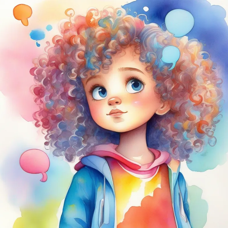 Curly-haired girl in colorful clothes, always wearing a determined expression and Bluebird with a mischievous glint in his eye with thought bubbles brainstorming ideas