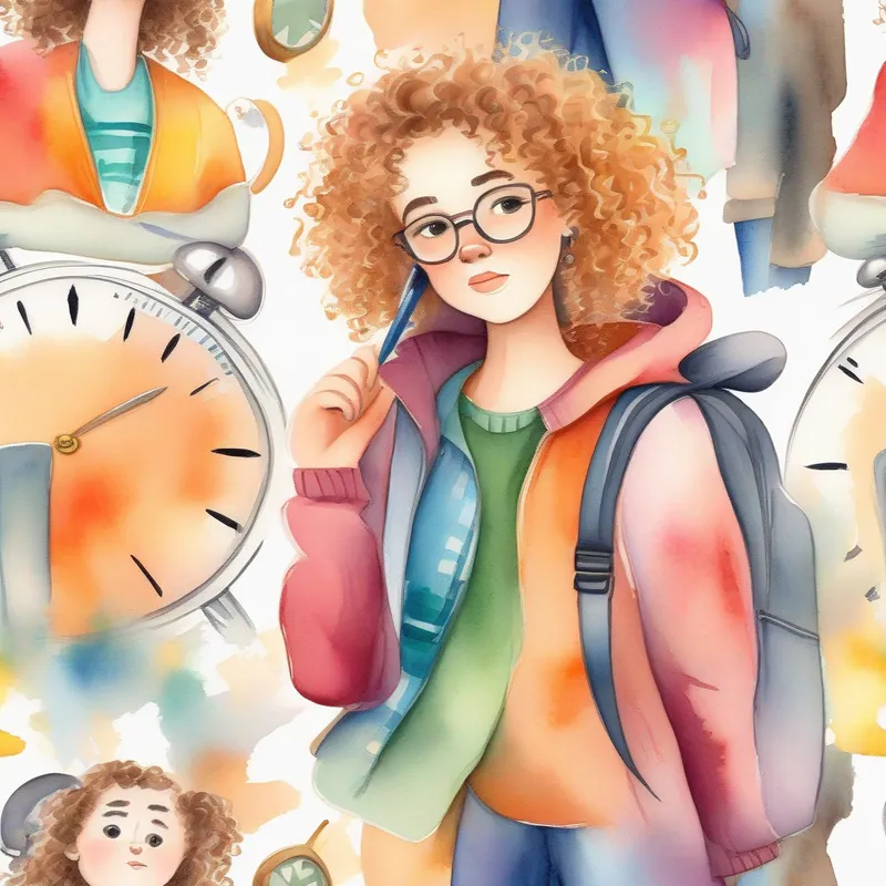 Curly-haired girl in colorful clothes, always wearing a determined expression following a schedule, clock showing different tasks and short breaks