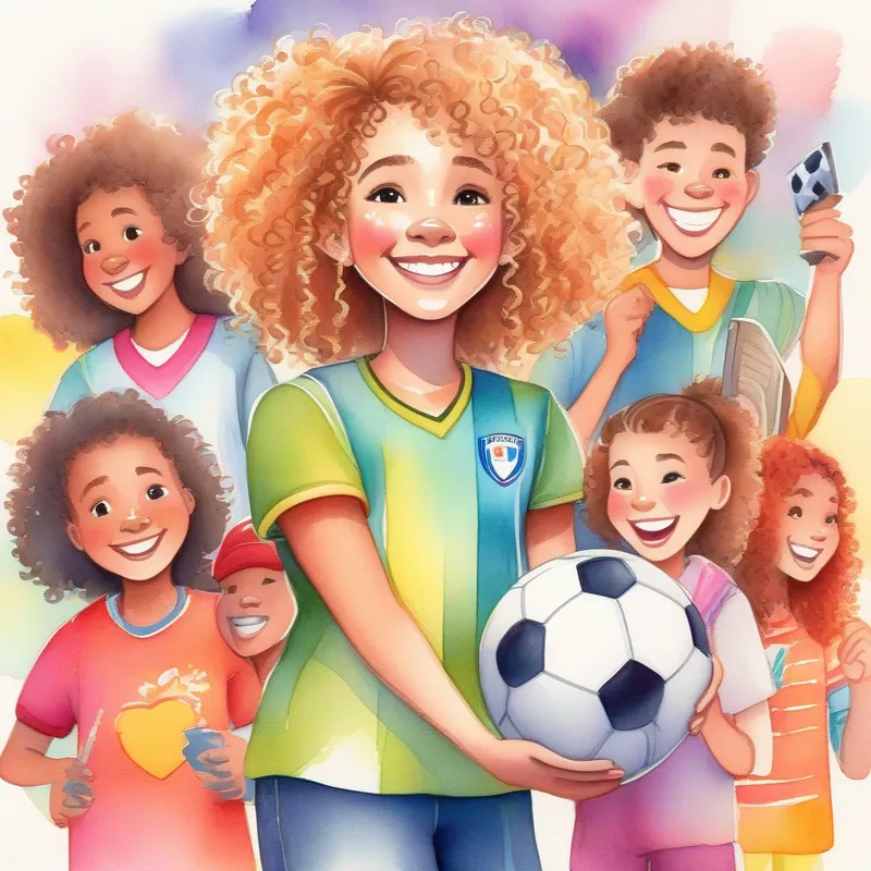 Curly-haired girl in colorful clothes, always wearing a determined expression holding a soccer trophy, surrounded by smiling friends