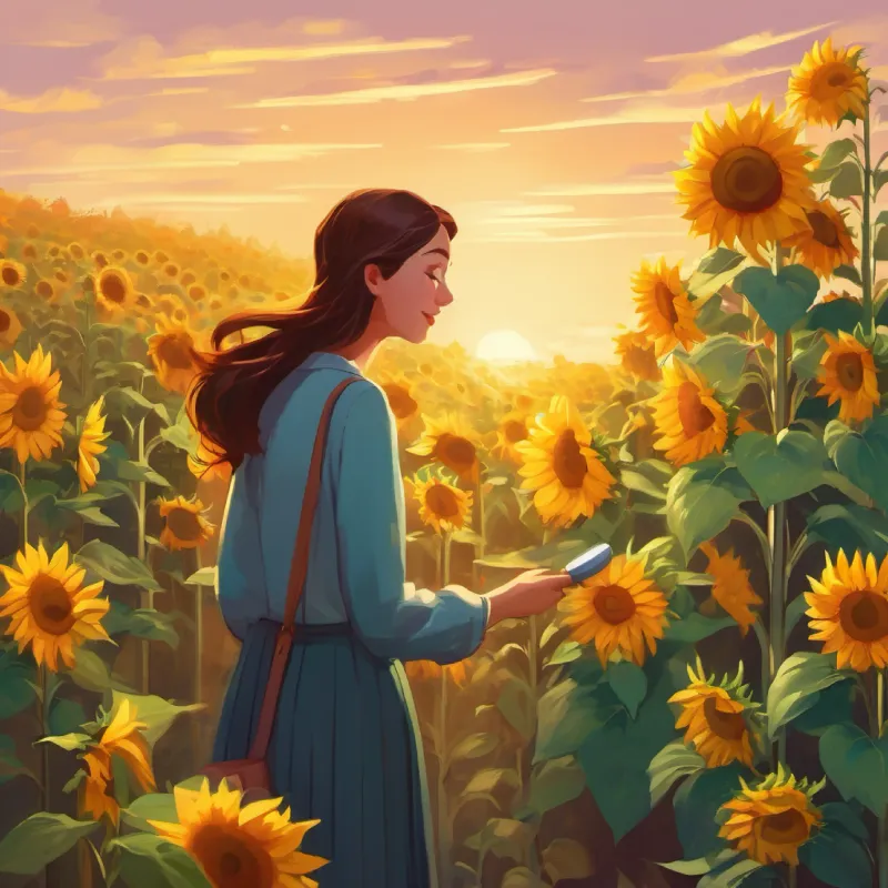 Slender woman, loves sunflowers, tall like them, brave in tiny world receives the potion and starts shrinking, at home with Good friend to Slender woman, loves sunflowers, tall like them, brave in tiny world, shorter than her, kind and creative helper.
