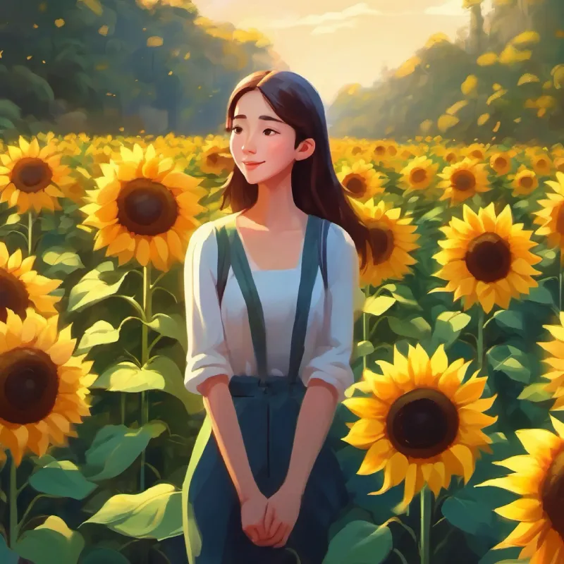 Slender woman, loves sunflowers, tall like them, brave in tiny world adapts to her new size, finding joy in her situation.