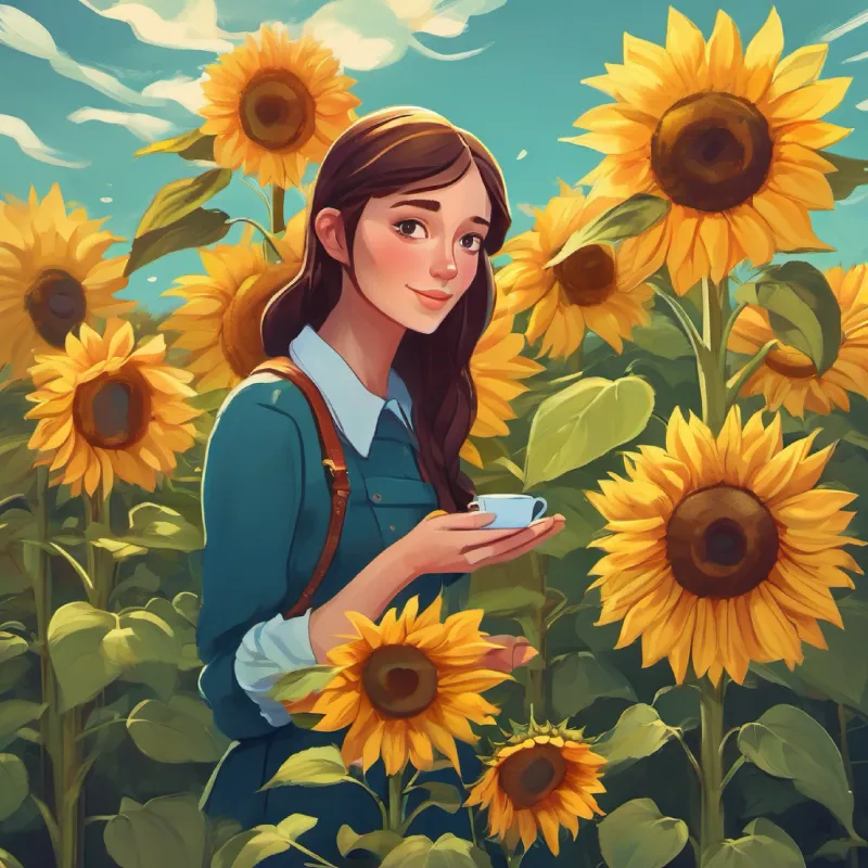 Slender woman, loves sunflowers, tall like them, brave in tiny world and Good friend to Anna, shorter than her, kind and creative helper throw a tea party for insects, embracing Slender woman, loves sunflowers, tall like them, brave in tiny world’s size.