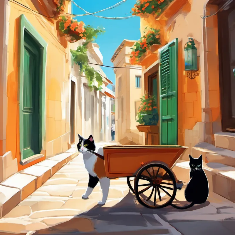 Once upon a time, in the lively streets of Athens, there were two cats named Ece and Dimitris. Ece was a charming calico cat with a patch of orange fur on her left ear, while Dimitris was a fluffy, black and white kitty with bright green eyes. Both of them had roamed the streets of Athens their entire lives, searching for a warm place to sleep and food to fill their hungry bellies. One sunny day, as Ece was weaving her way through the narrow alleyways, she heard a soft meow coming from behind a colorful street vendor's cart. Curiosity piqued her interest, and she ventured closer to investigate. To her surprise, she found Dimitris crouched behind the cart, looking both frightened and lonely.