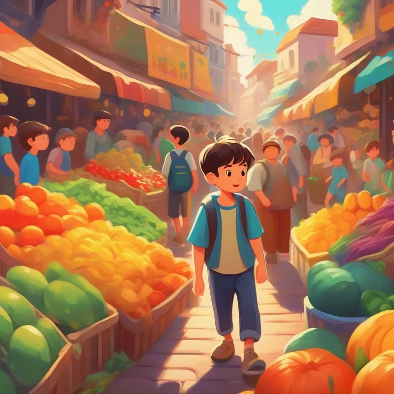 Boy gets lost in busy and colorful market place.
