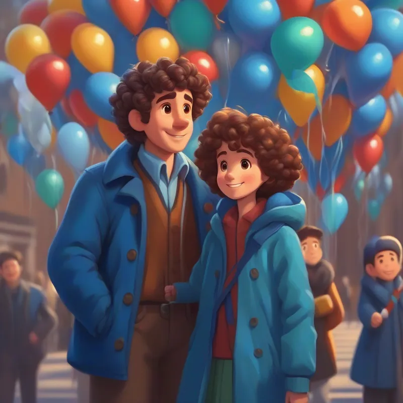 Curly brown hair, wearing a blue jacket meets a man selling balloons who offers help.