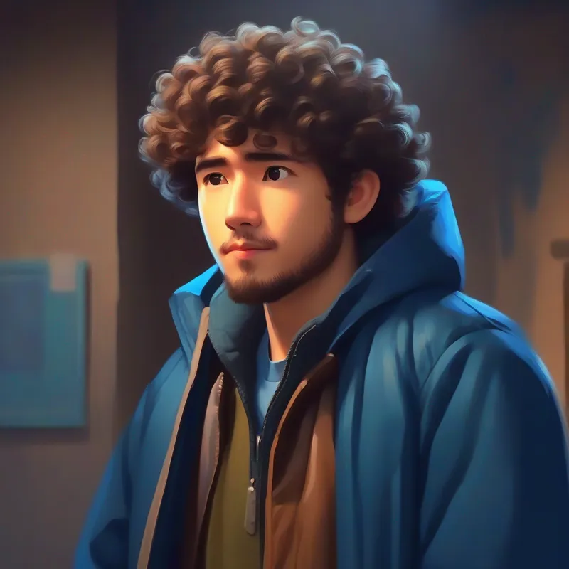 Curly brown hair, wearing a blue jacket follows the man's advice and waits in a corner.
