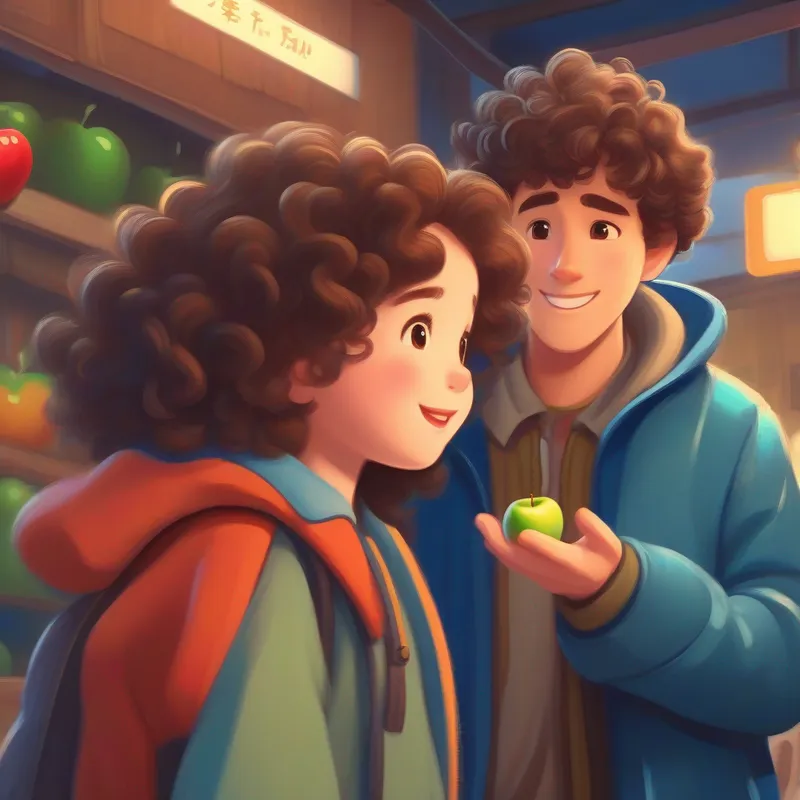 Curly brown hair, wearing a blue jacket meets a kind woman who gives him an apple.