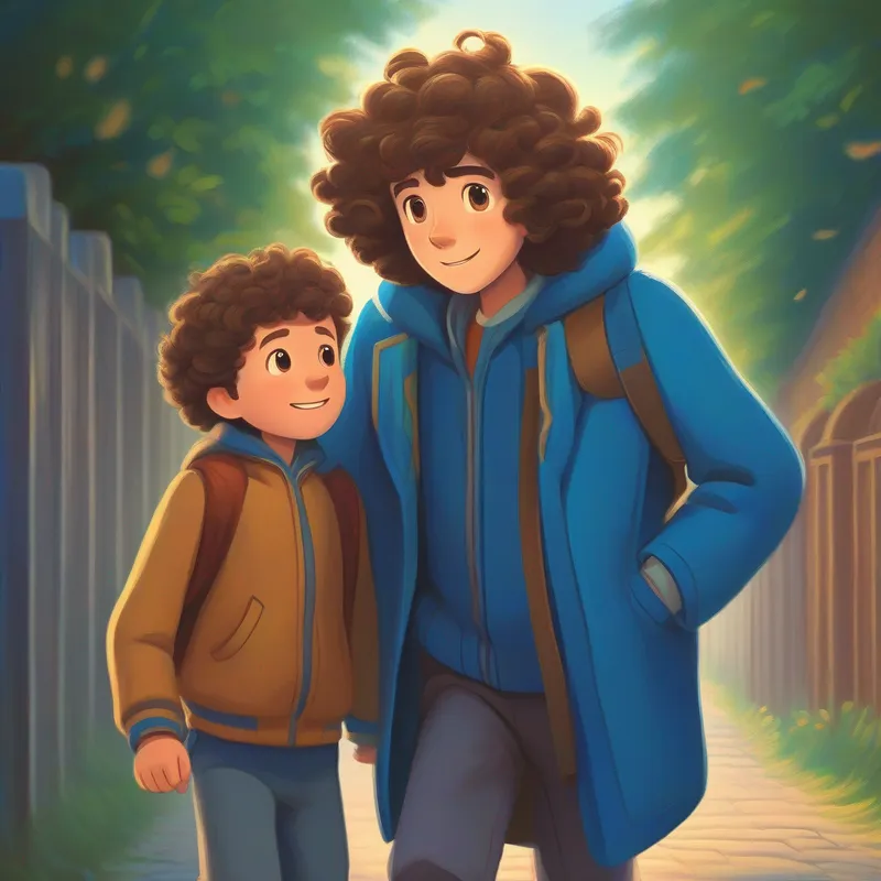 Curly brown hair, wearing a blue jacket is reunited with his mother and learns the importance of seeking help.