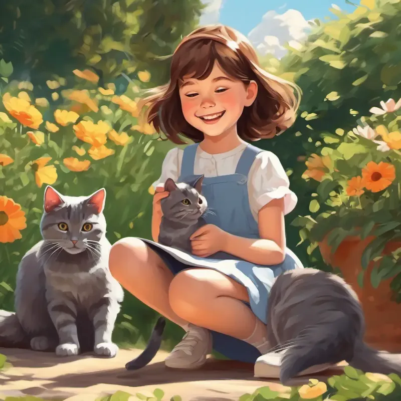 A little girl with brown hair and a big smile, playing with her chubby gray cat in a sunny garden.