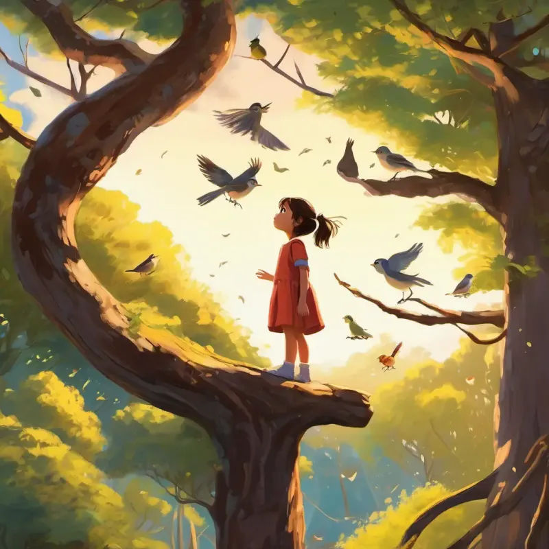The little girl and her cat looking up at a tree where a bird is perched. There are two birds on the tree branches, and three more flying in the sky. Numbers two, three, four, and more are floating around.