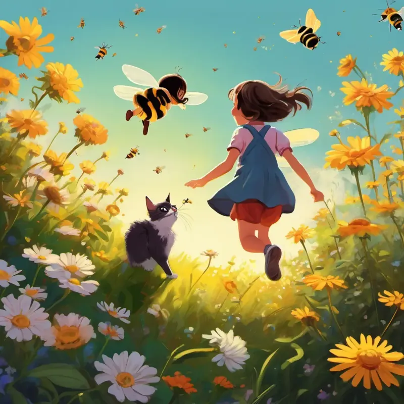 The little girl and her cat observing a bee flying around flowers. There are five bees buzzing near the flowers, and then one more joins, making it six. They are laughing and kicking their legs in excitement.