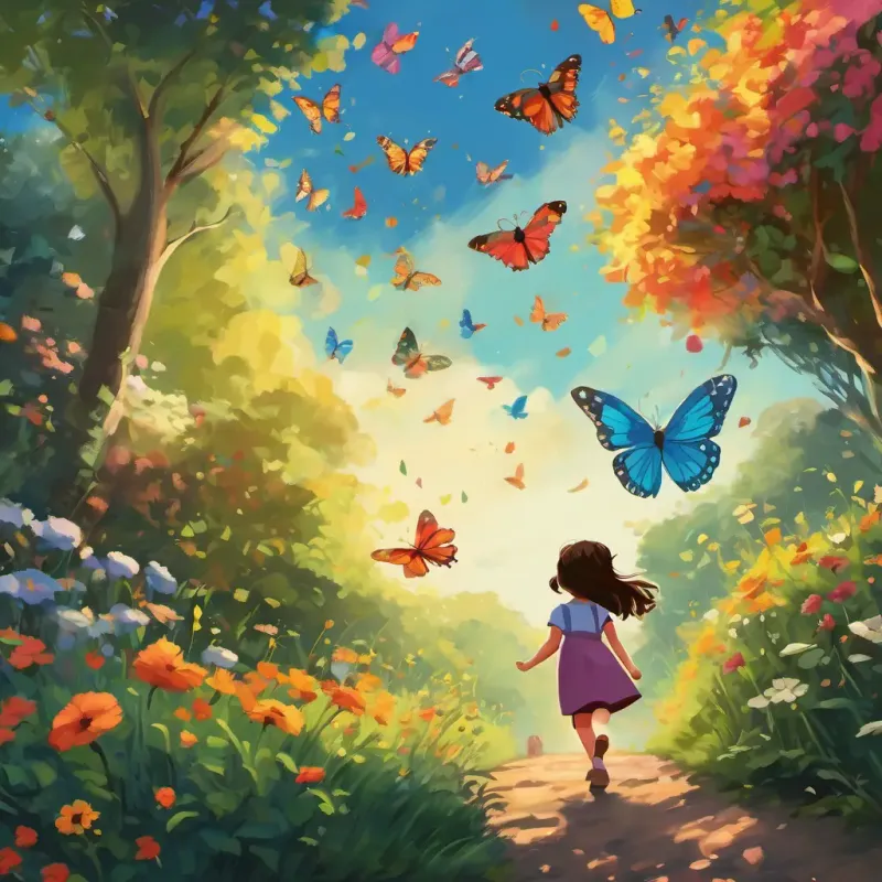 The little girl and her cat chasing a colorful butterfly in the garden. There are seven butterflies flying around, and then eight, nine. They are watching the butterflies soar up into the sky.