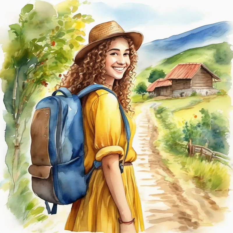 Curly hair, blue shirt, brown backpack, joyful smile. and Long braided hair, yellow dress, red hat, friendly grin. plan to travel to the village