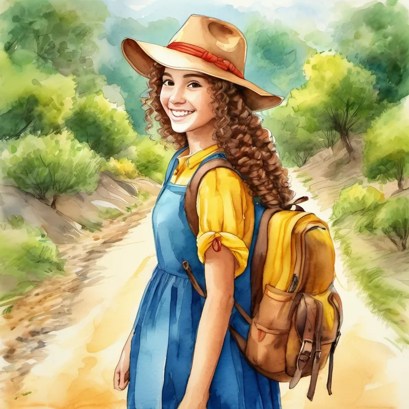 Curly hair, blue shirt, brown backpack, joyful smile. and Long braided hair, yellow dress, red hat, friendly grin. enjoy the journey to the village