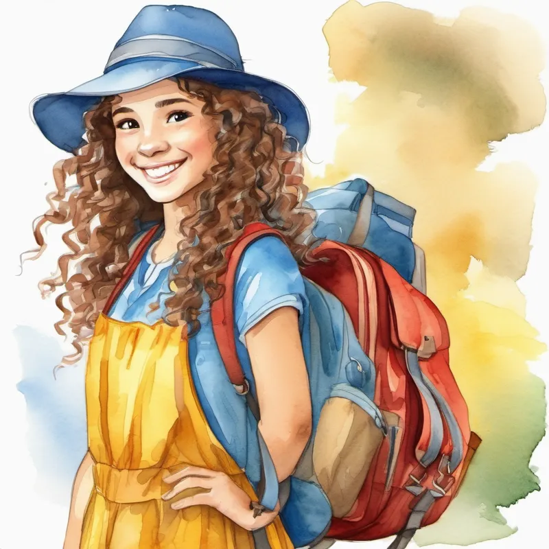 Curly hair, blue shirt, brown backpack, joyful smile. and Long braided hair, yellow dress, red hat, friendly grin. help with the festival preparations
