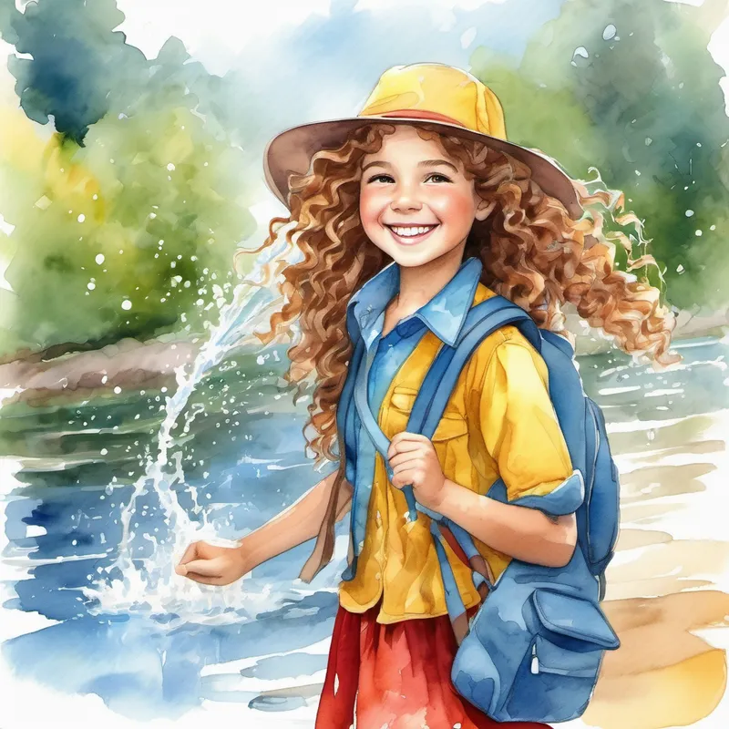 Curly hair, blue shirt, brown backpack, joyful smile. and Long braided hair, yellow dress, red hat, friendly grin. join in the water splashing fun