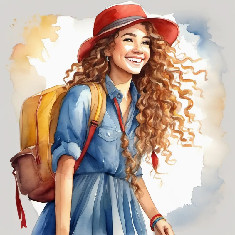 Curly hair, blue shirt, brown backpack, joyful smile. and Long braided hair, yellow dress, red hat, friendly grin. enjoy the evening festivities