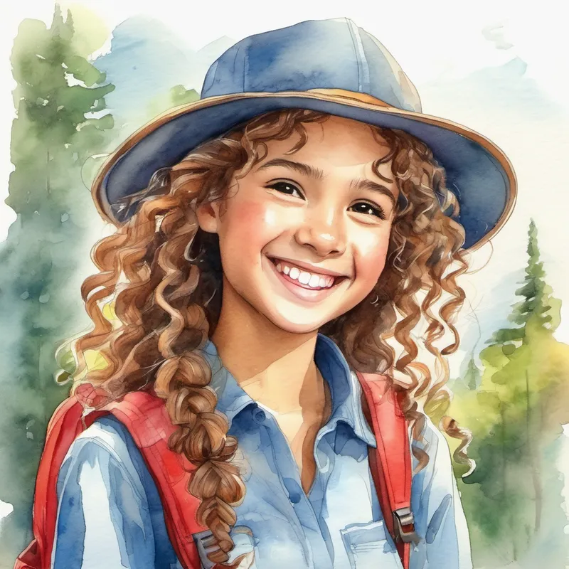 Curly hair, blue shirt, brown backpack, joyful smile. and Long braided hair, yellow dress, red hat, friendly grin. head back home with happy memories